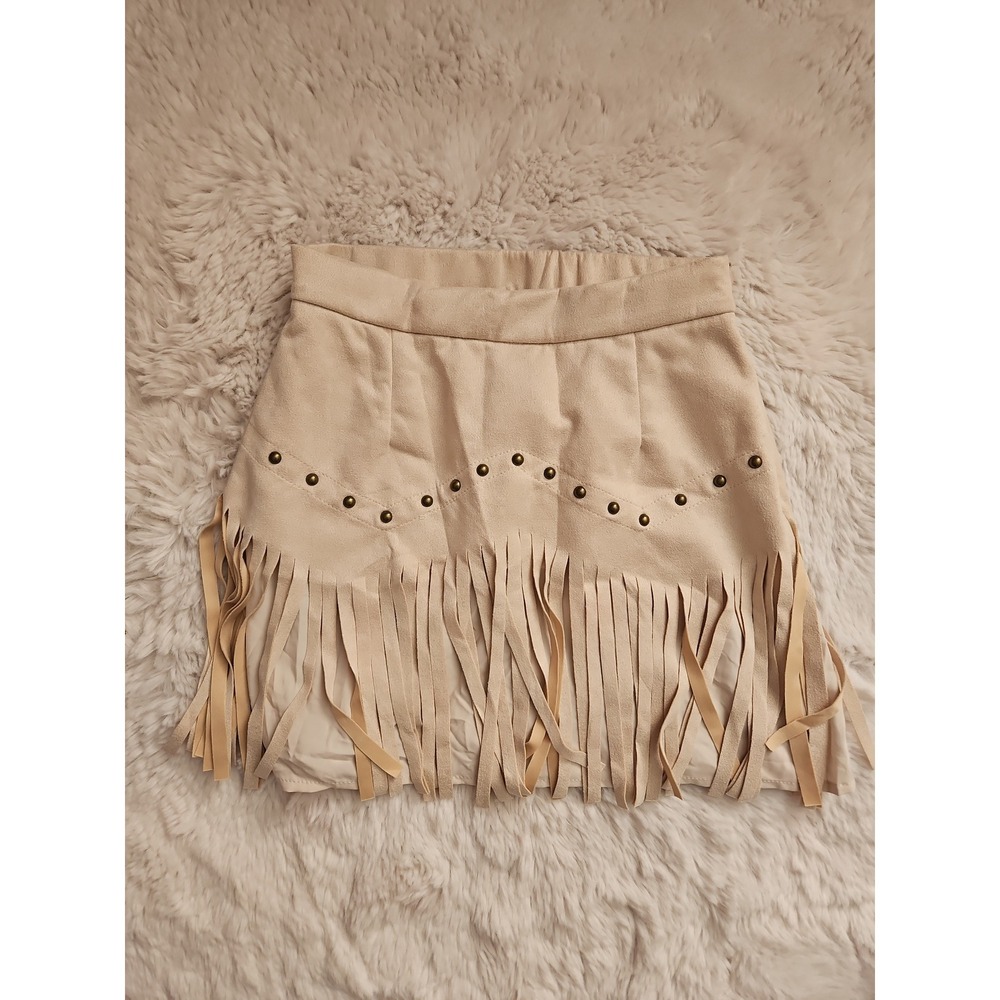 SHEIN MOD Faux Suede Fringe Mini Skirt Size S NWT Studded Western Boho Cream - Picture 8 of 12